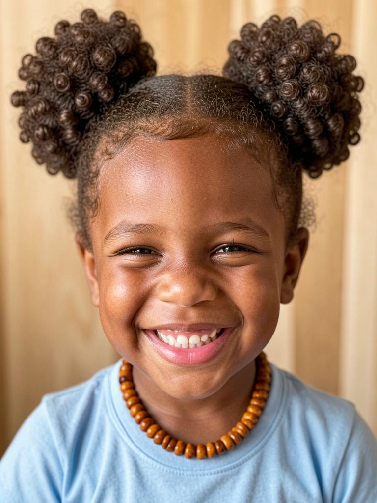 Criança com cabelo cacheado sorrindo após penteado protetor.