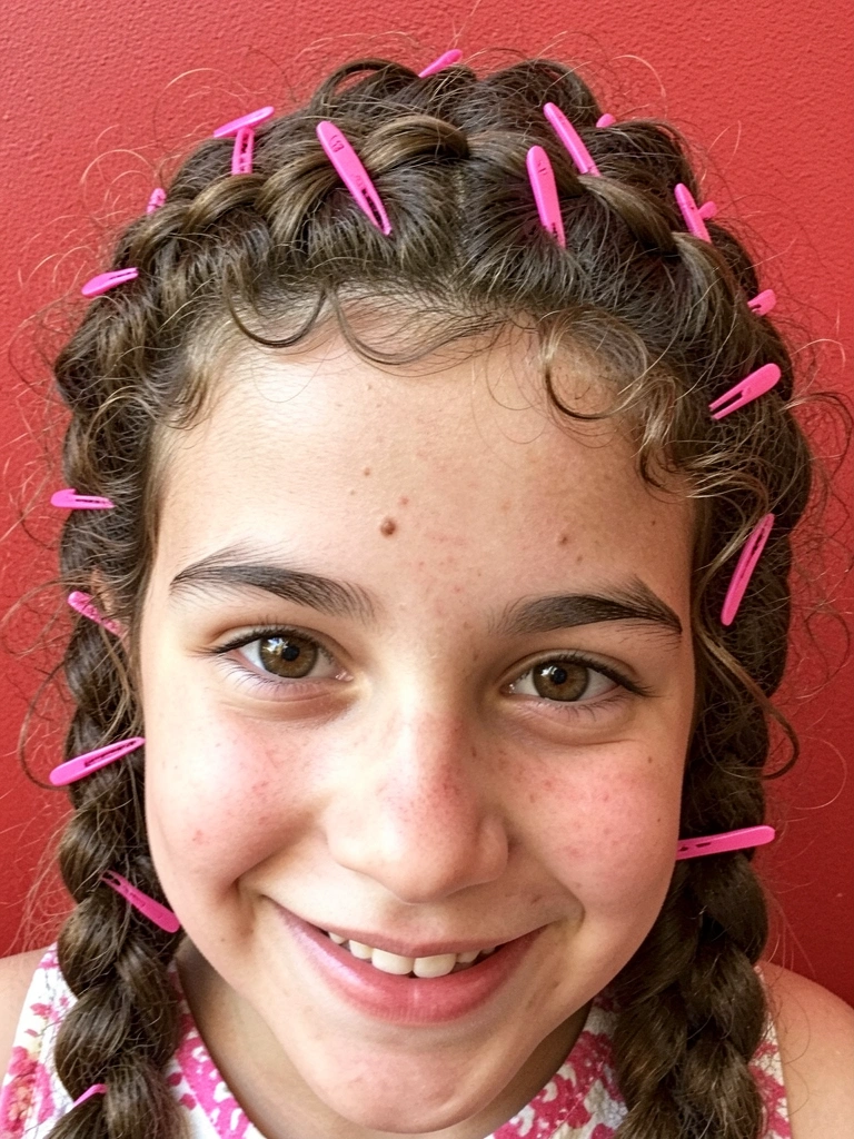 Colagem com cinco penteados infantis em cabelo cacheado, incluindo tranças, coques e acessórios coloridos.