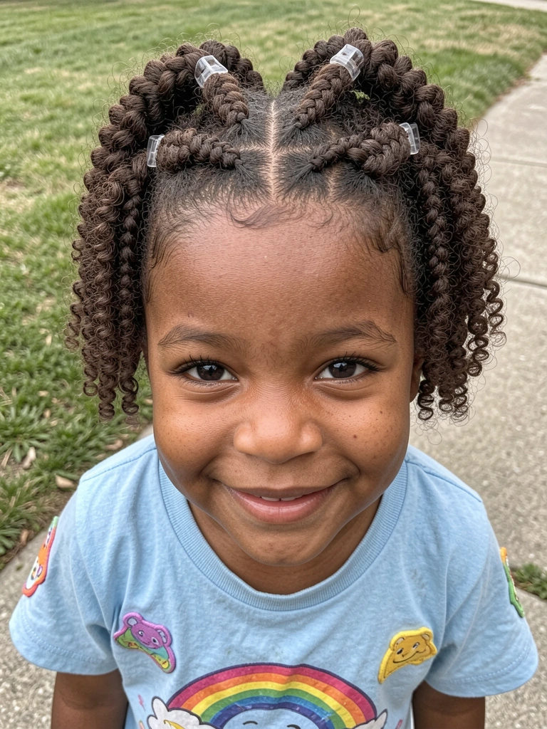 Criança com cabelo cacheado usando tranças boxeadoras falsas, sorrindo.