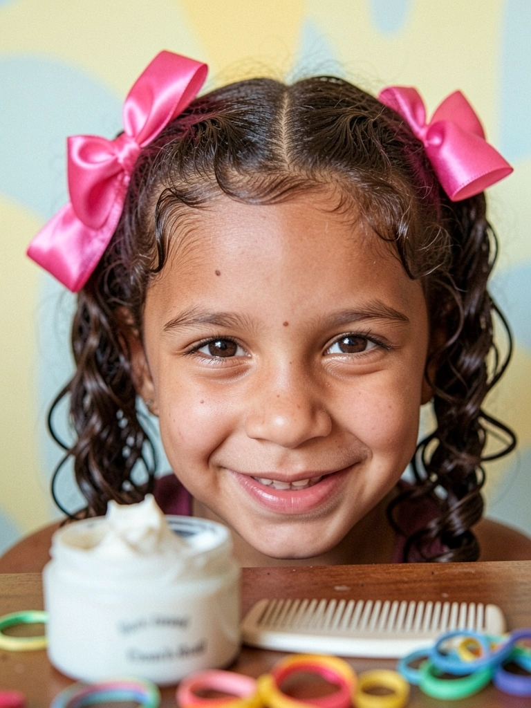Creme modelador, pente de dentes largos e elásticos coloridos sobre superfície clara.