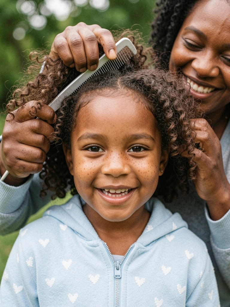 Mãe desembaraça cabelo cacheado de criança com pente de dentes largos.