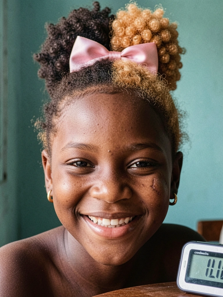 Cronômetro digital ao lado de um penteado infantil com cachos definidos.