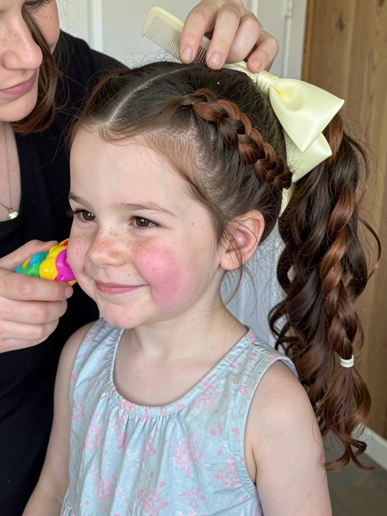 Mãe distrai criança pequena com um brinquedo enquanto penteia seus cachos.