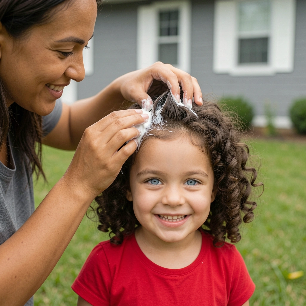 Mãe aplica creme para pentear em cabelo cacheado de criança.