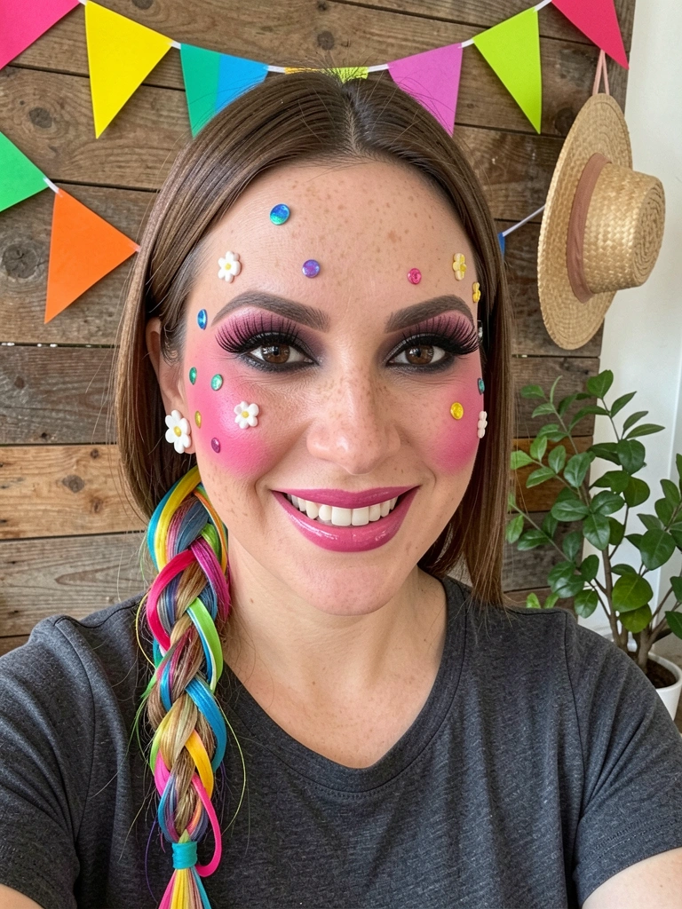 Mulher com cabelo liso em trança lateral colorida, fitas vermelhas e azuis, fundo de bandeirinhas de festa junina.