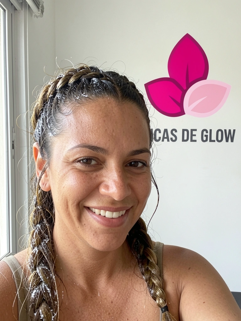 Semi-preso com trança embutida e brilho óleo de coco nas pontas.