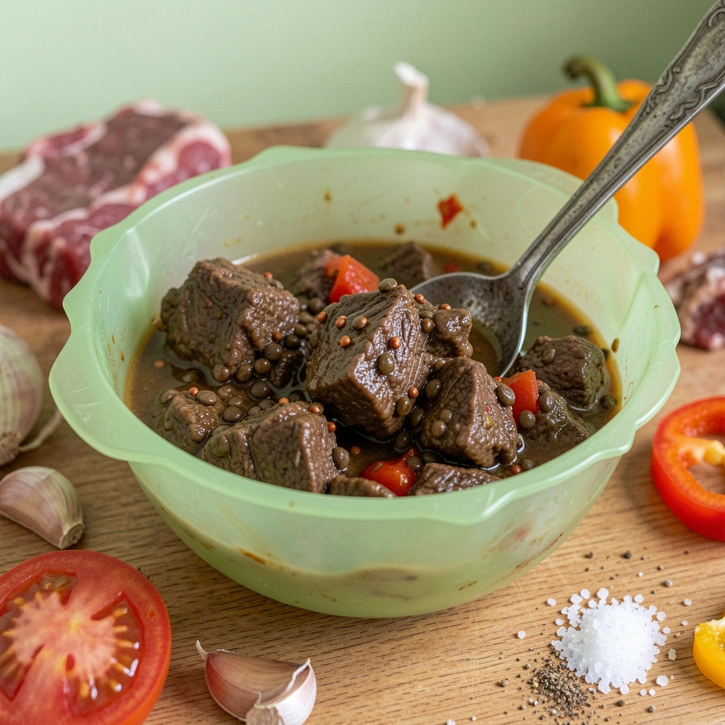 Carne, cebola, alho, tomate, pimentão, sal e pimenta sobre uma bancada de cozinha.