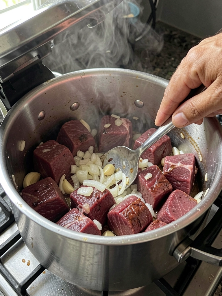 Cubos de músculo sendo dourados em panela de pressão com cebola e alho.
