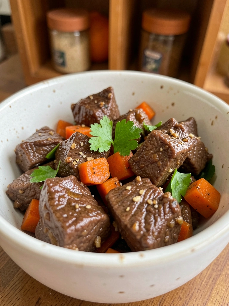 Tigela de louça branca com cubos de músculo temperados com alho, sal e pimenta.