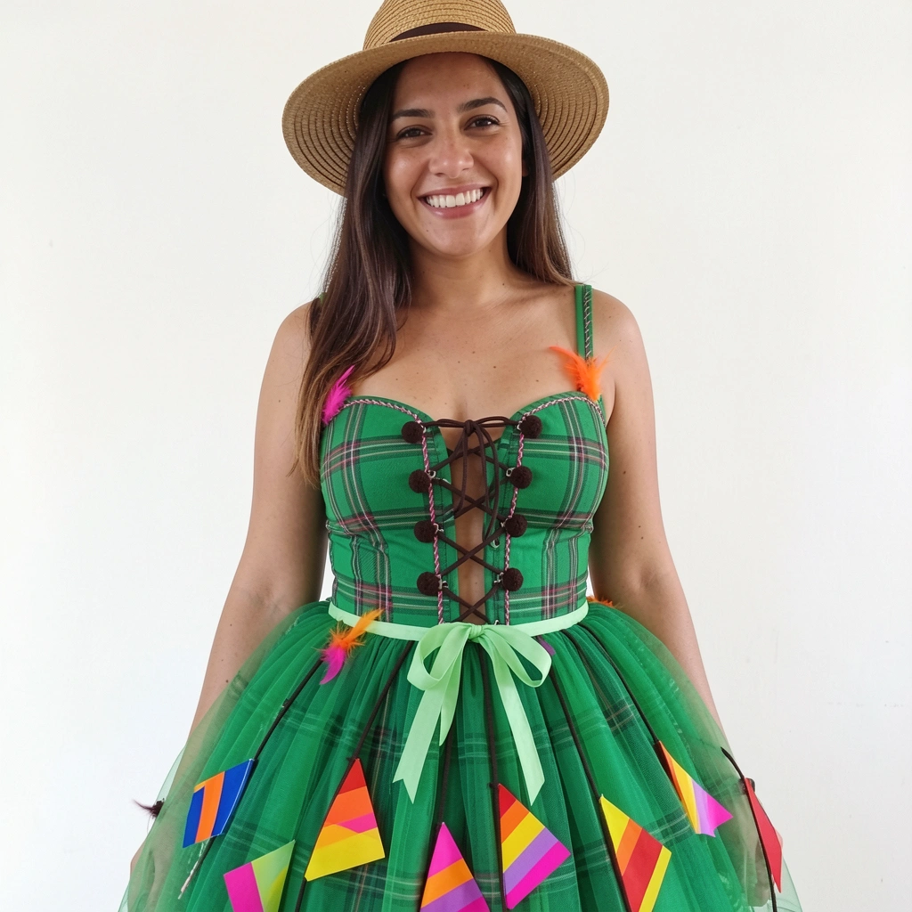Mulher sorrindo com vestido xadrez rodado e chapéu de palha.