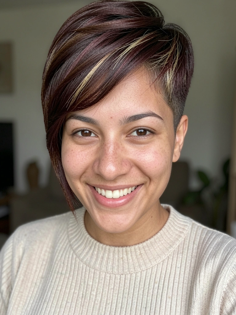Mixie cut com volume no topo e laterais curtas, texturizado.