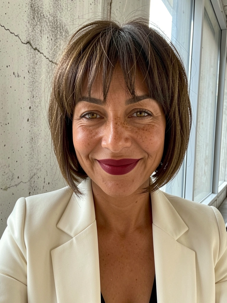 Mulher com cabelo curto estilo french bob, franja desfiada e textura natural.