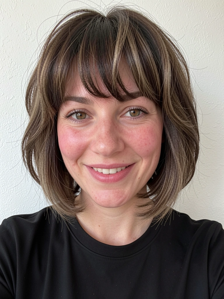 Corte de cabelo curto com camadas suaves e pontas arredondadas.
