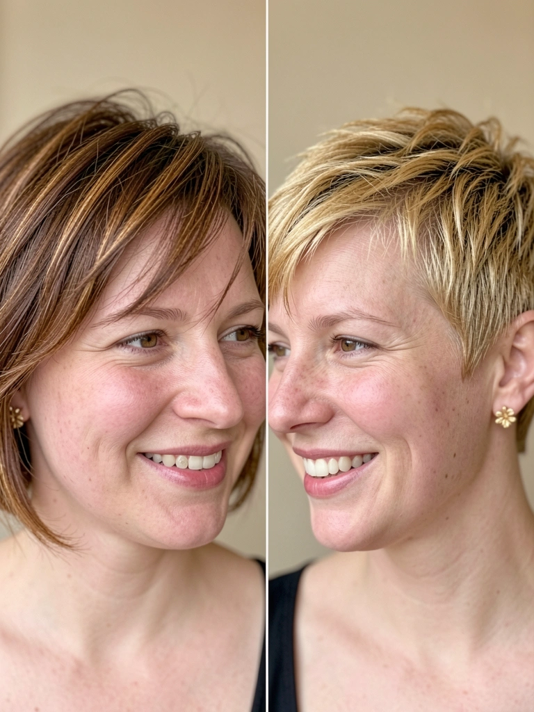 Rosto oval com diferentes opções de cortes de cabelo curto, em tons de castanho e loiro.