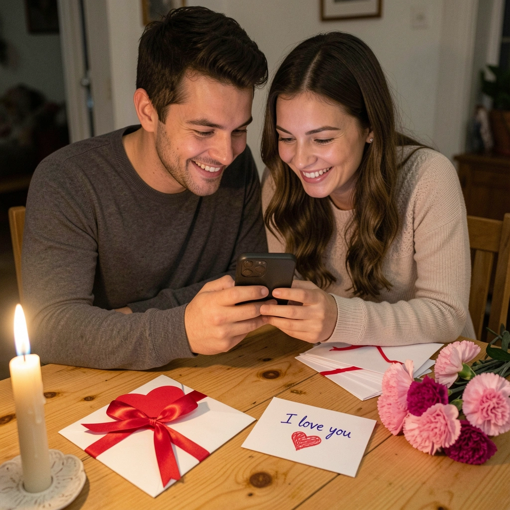 Casal sorrindo ao ler mensagem no celular iluminado por velas.