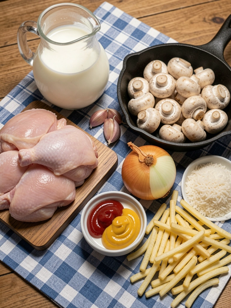Ingredientes para strogonoff de frango dispostos sobre uma mesa: frango, creme de leite, cebola, alho, ketchup, mostarda, champignon, batata palha e arroz.