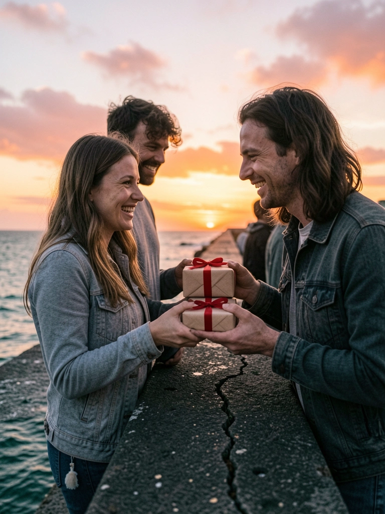 Casal sorrindo enquanto troca presentes embrulhados em papel vermelho.