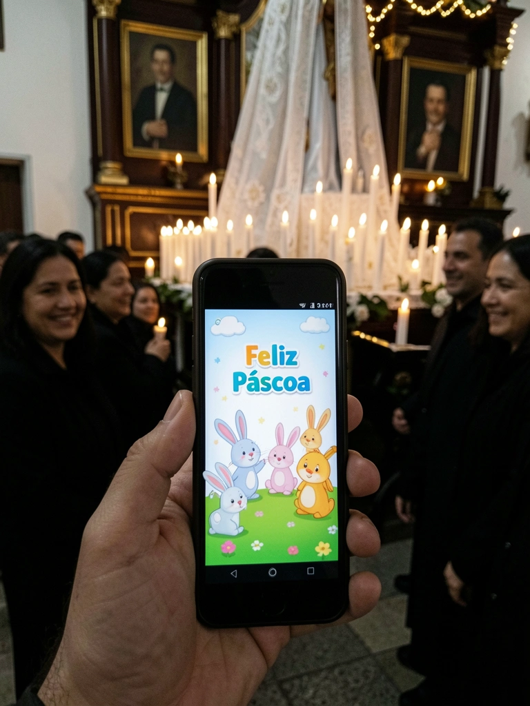 Smartphone exibindo tela com mensagens de Páscoa e coelhos decorativos.