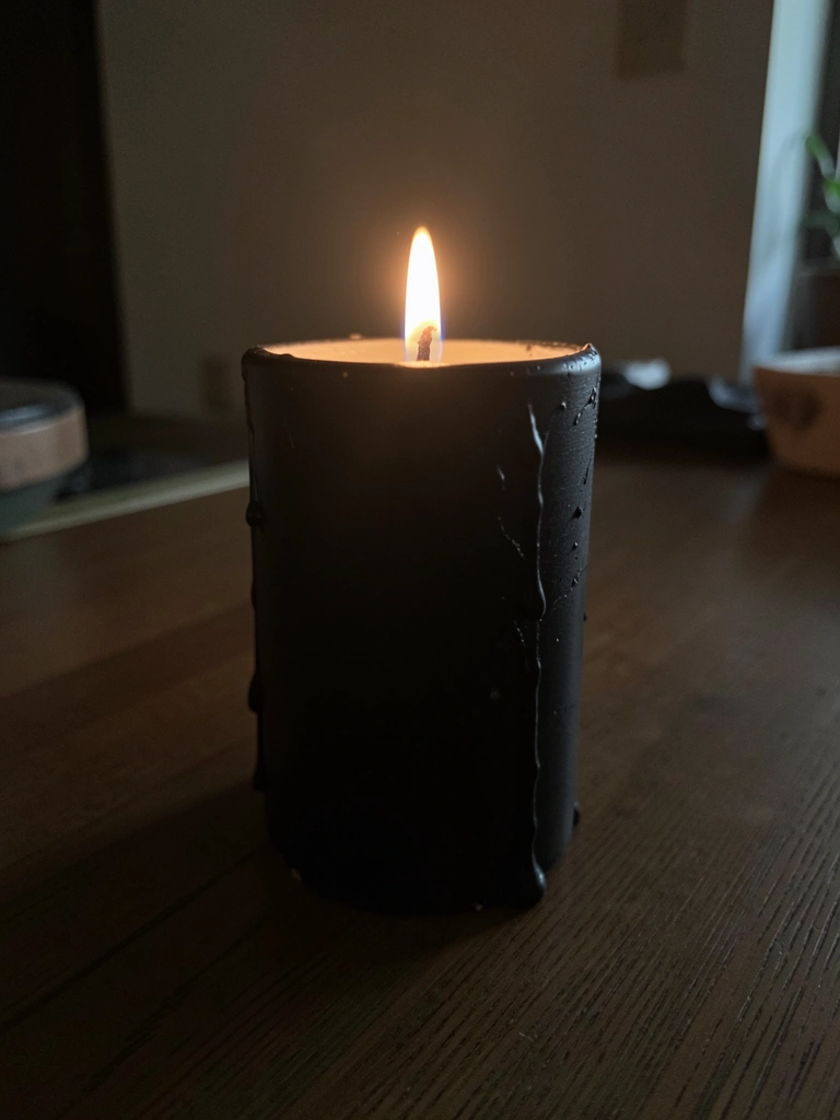 Vela preta acesa em ambiente escuro, com chama central e aura de luz suave ao redor.