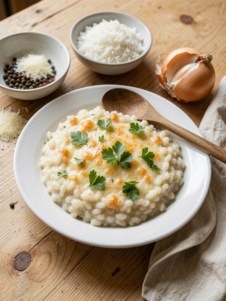Risoto cremoso servido em prato branco, com queijo derretido e folhas de salsinha por cima.