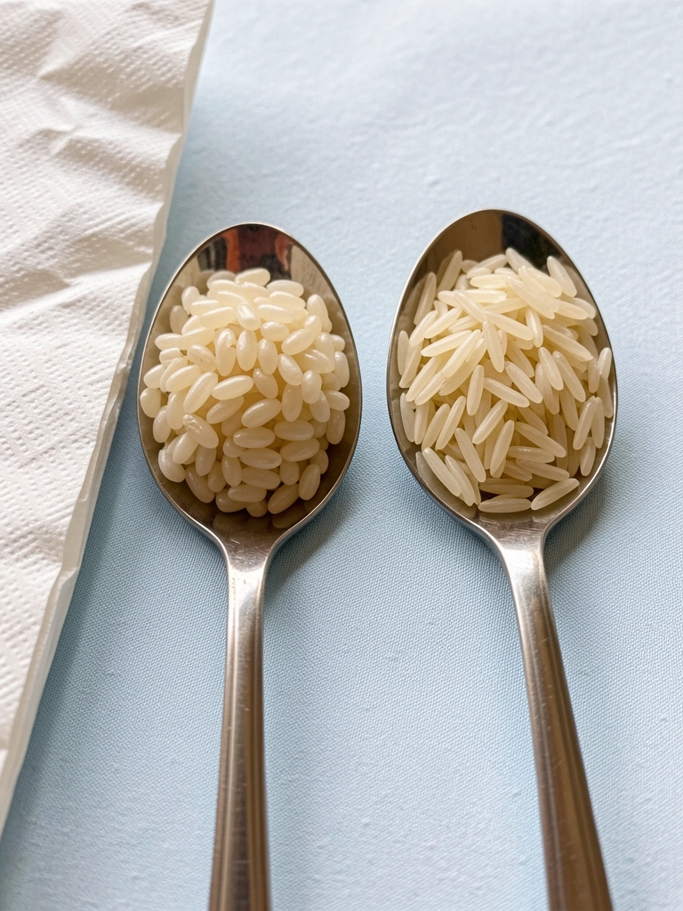 Duas colheres de madeira com grãos de arroz arbóreo e carnaroli sobre fundo neutro.