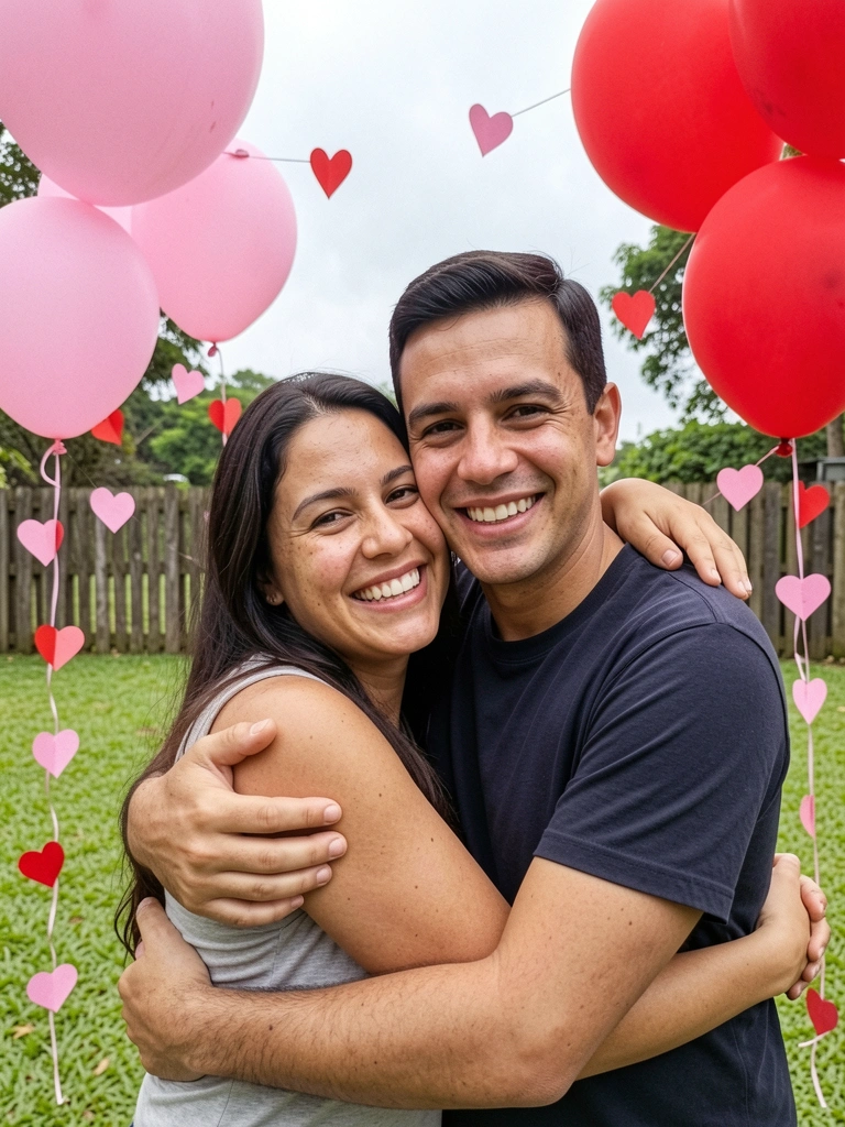 Casal abraçado em um campo, com balões vermelhos e corações flutuando ao redor.