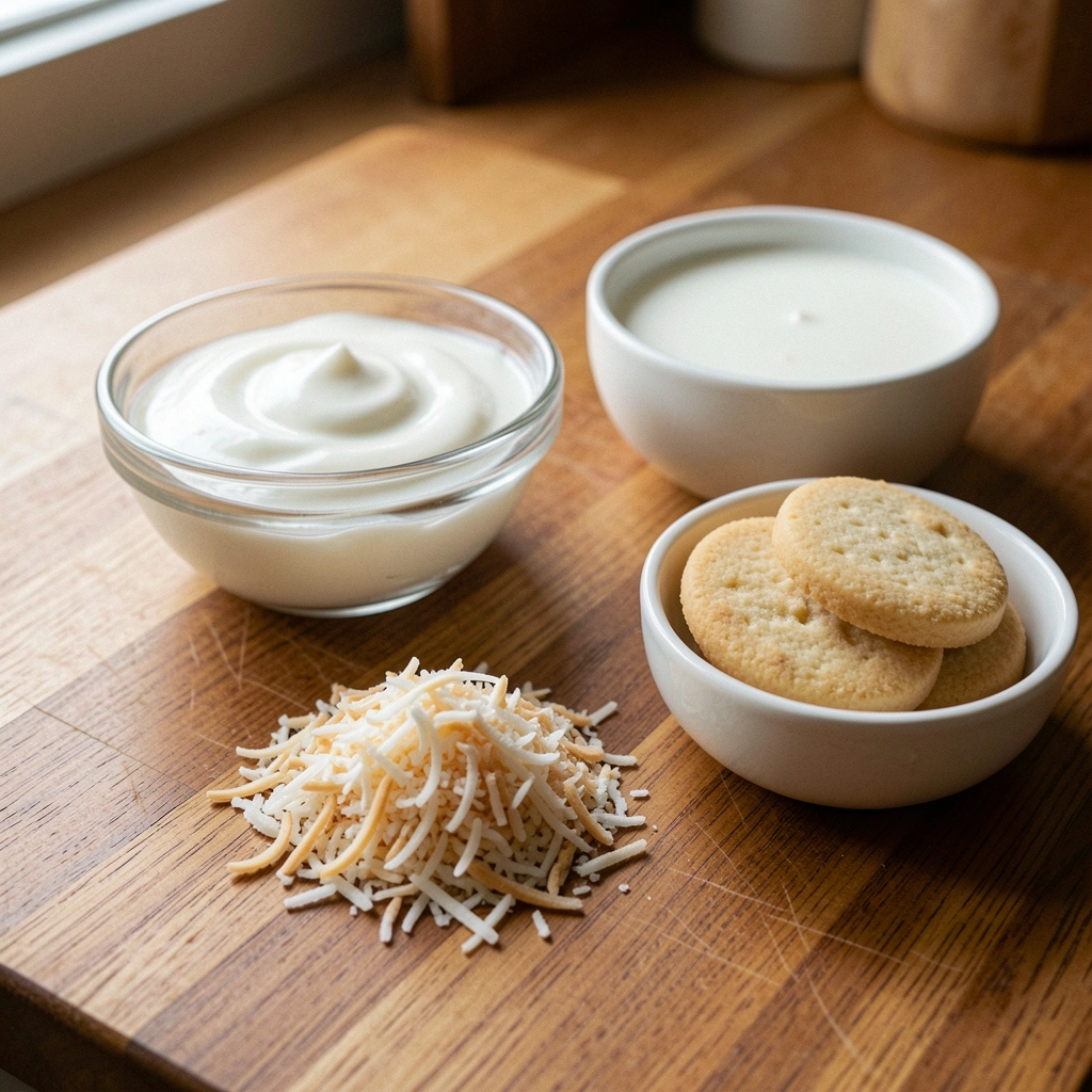 Ingredientes para pavê de coco: leite condensado, coco ralado, biscoito maisena e leite de coco sobre uma mesa.