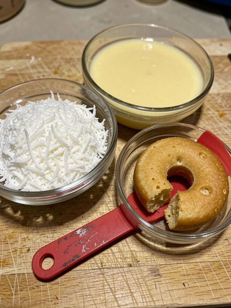 Tigelas com ingredientes medidos para pavê de coco, incluindo leite condensado, creme de leite e coco ralado.