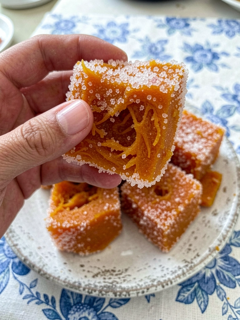 Pedaços de doce de abóbora cristalizado dispostos em uma travessa branca.