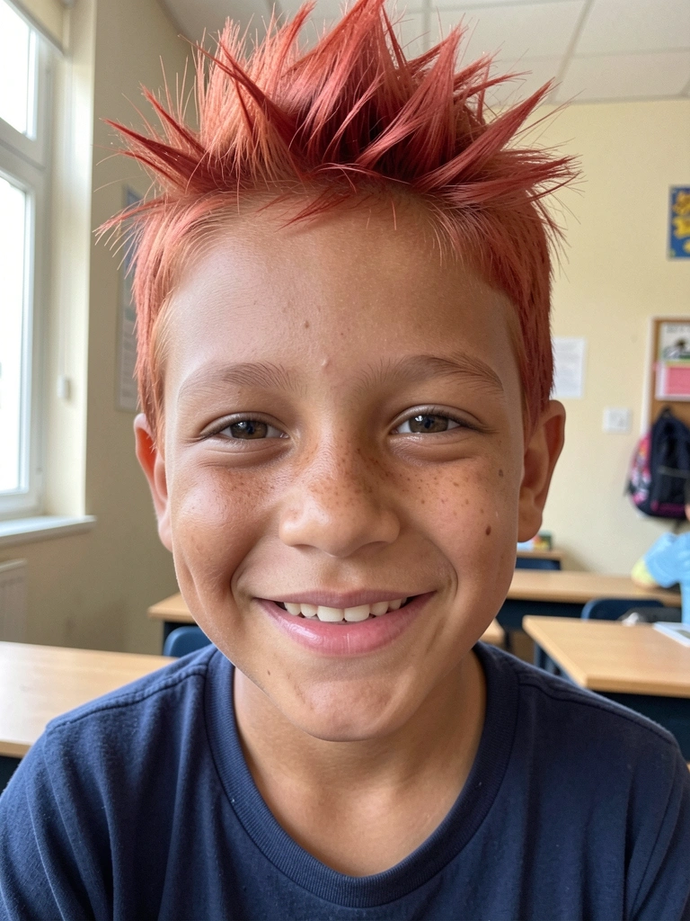 Criança com cabelo vermelho espetado em sala de aula, ao lado de colegas com cabelos coloridos.