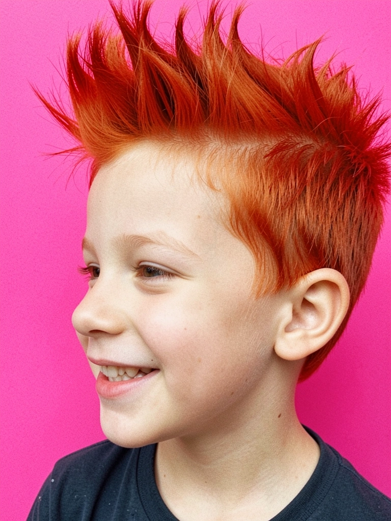 Menino com cabelo vermelho modelado em formato de chamas, olhando para a câmera.