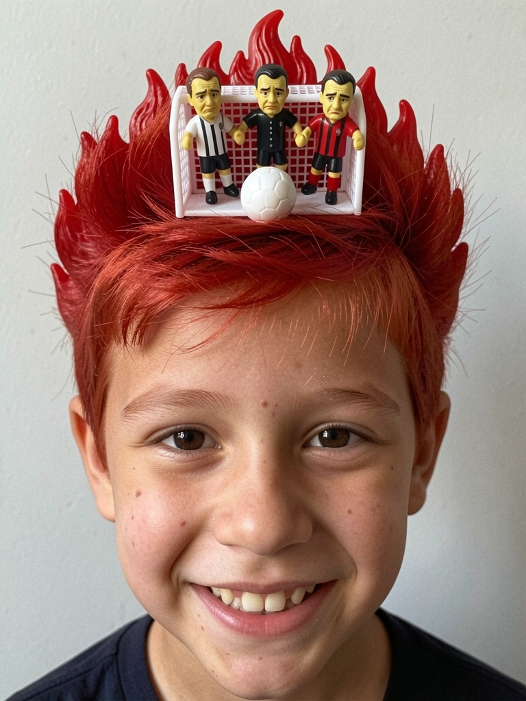 Menino com cabelo vermelho estilizado em formato de chamas