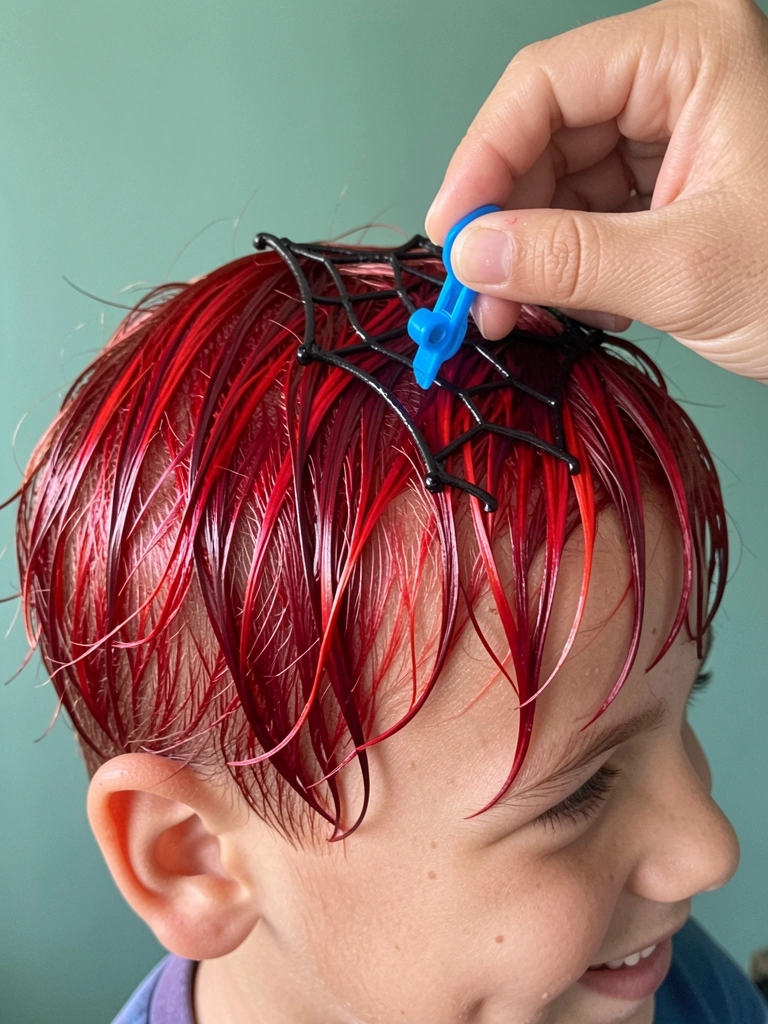 Menino com cabelo vermelho e adereço de teia preta na cabeça.