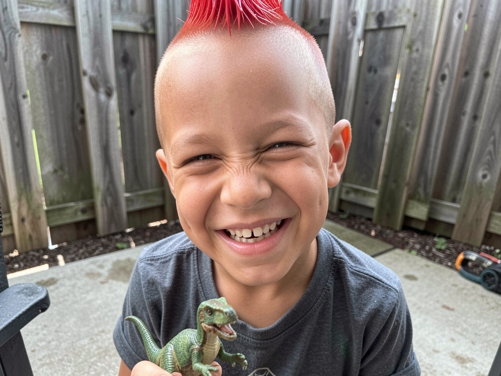 Menino com cabelo vermelho arrepiado no topo da cabeça.