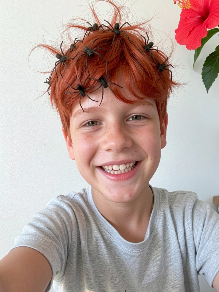 Menino ruivo com várias aranhas de plástico presas nos cabelos.