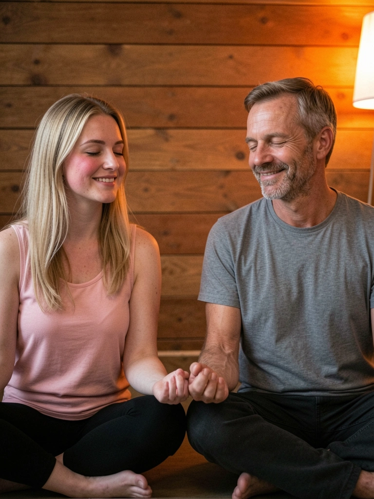 Casal sentado de pernas cruzadas, frente a frente, com as mãos unidas em posição de meditação.