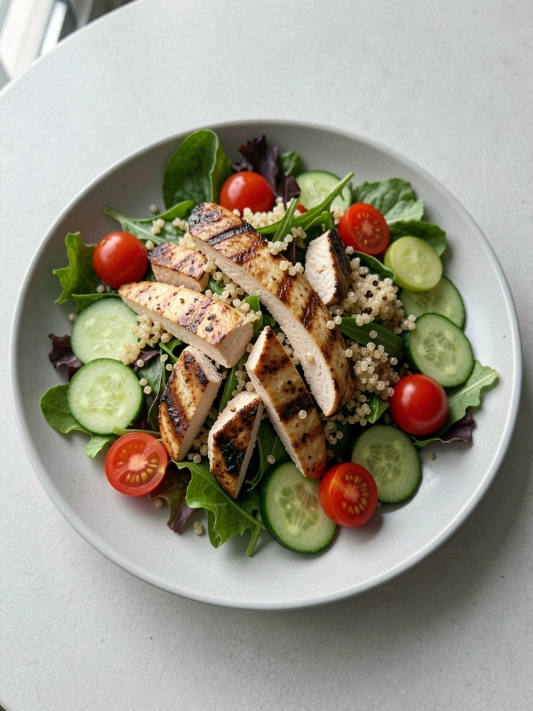 Salada em tigela com frango grelhado fatiado, quinoa, tomate cereja e folhas verdes.
