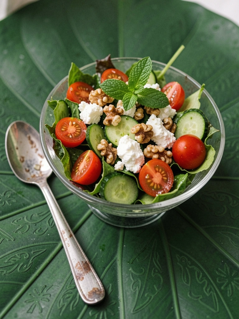 Salada em prato branco com folhas verdes, nozes crocantes e queijo feta esfarelado.