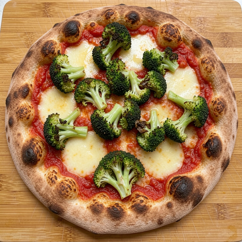 Pizza de brócolis com massa dourada e queijo derretido sobre uma grade.