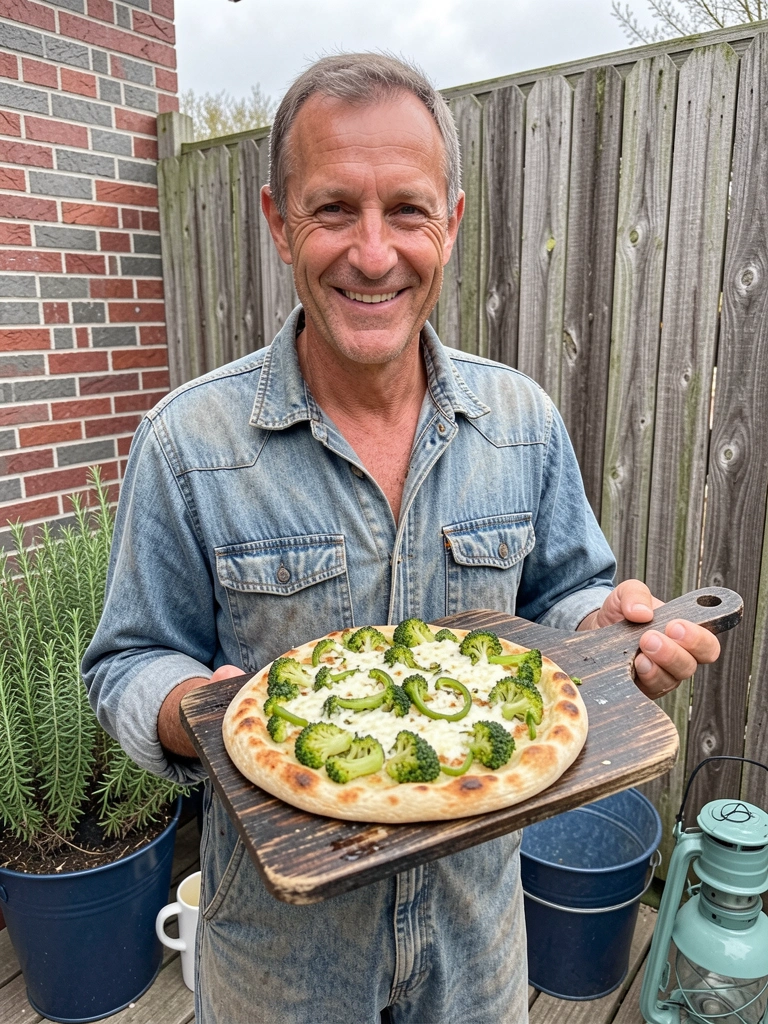 Pizza low carb com base de brócolis assada em forma redonda sobre bancada.