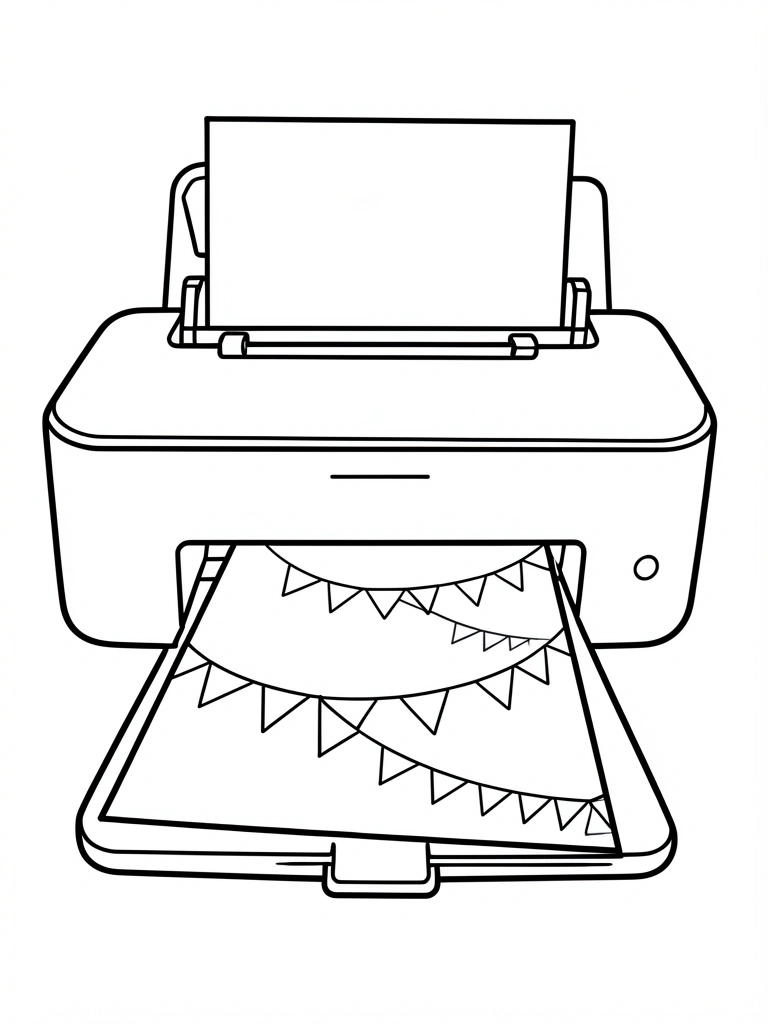 Impressora jato de tinta imprimindo folha A4 com estampas de bandeirinhas coloridas.