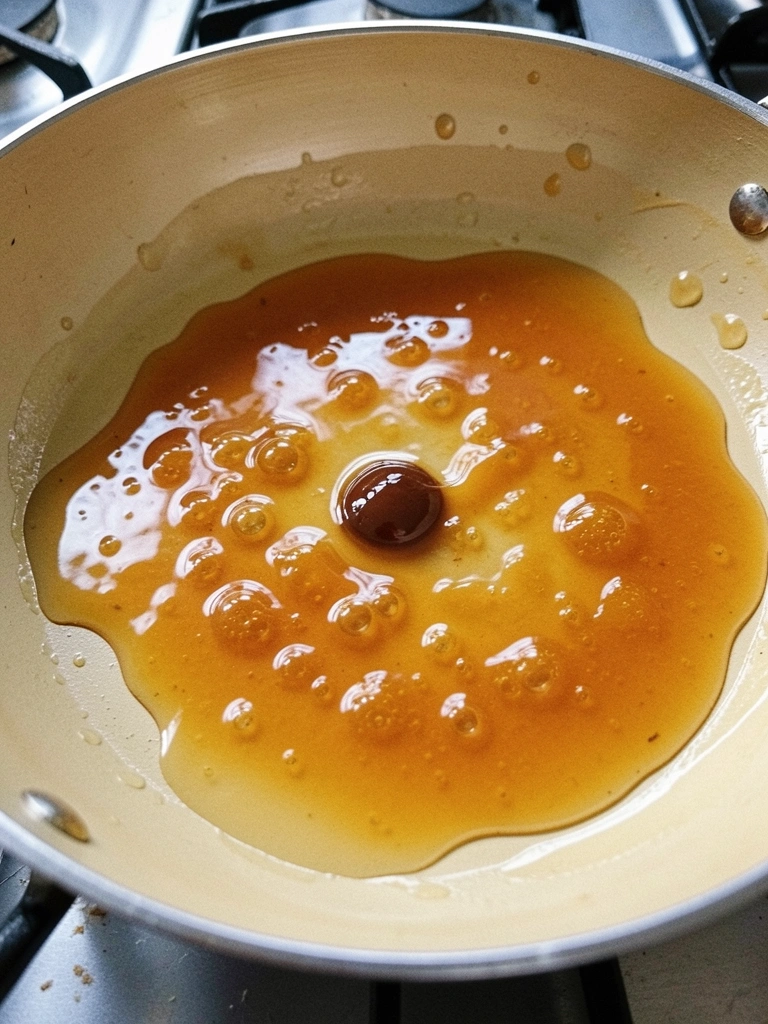 Panela com calda de açúcar dourada e brilhante sobre o fogão, com vapor subindo.