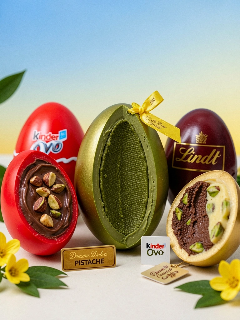 Ovos de Páscoa partidos ao meio, com recheios cremosos de pistache e gianduia visíveis.