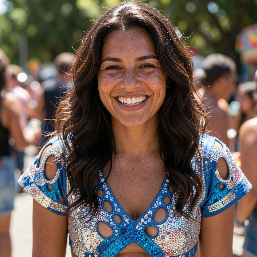 Mulher com abadá cropped com recortes e brilho em bloco de carnaval, multidão ao fundo.