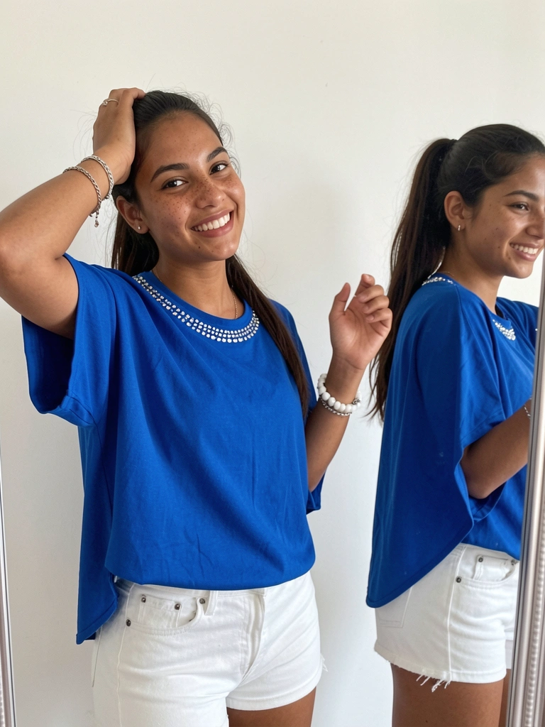 Strass aplicado no decote de um abadá azul, com detalhes brilhantes sobre o tecido.