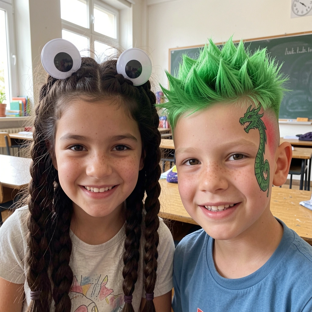 Crianças com penteados coloridos e criativos sentadas em sala de aula, sorrindo.