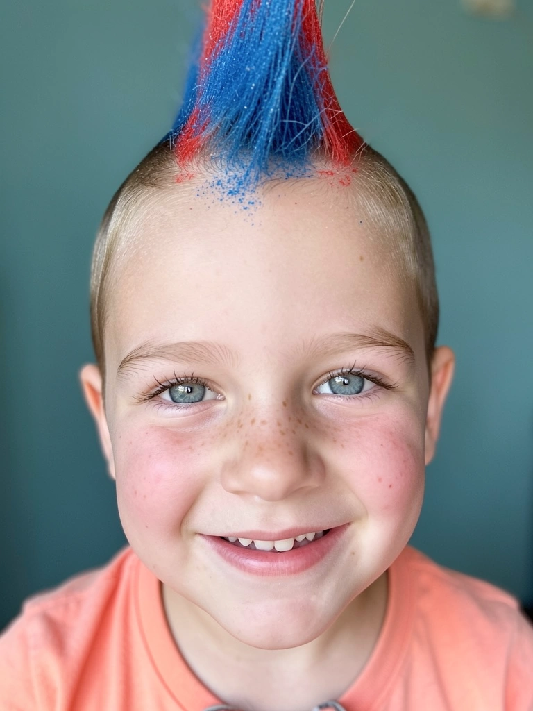 Menino com cabelo pintado de azul e vermelho em formato de moicano usando spray.