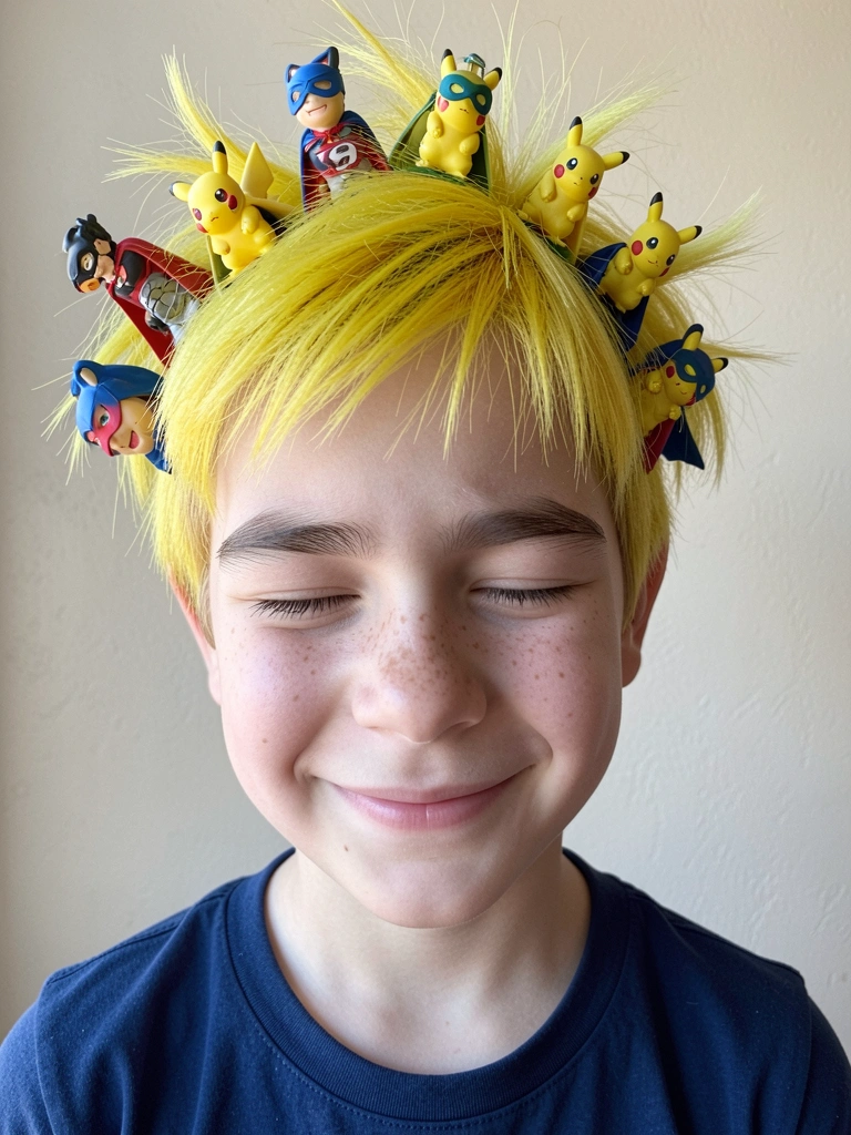 Cabelo infantil estilizado com acessórios de super-herói e miniaturas de Pokémon presos nos fios.