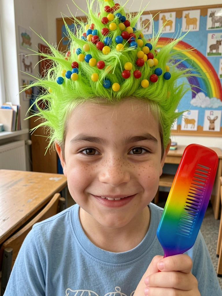 Cabelo modelado em formato de sorvete com bolinhas coloridas.