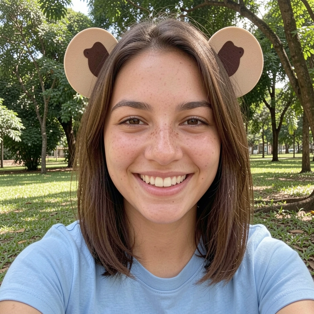 Cabelo com orelhas de capivara feitas de EVA e spray marrom.